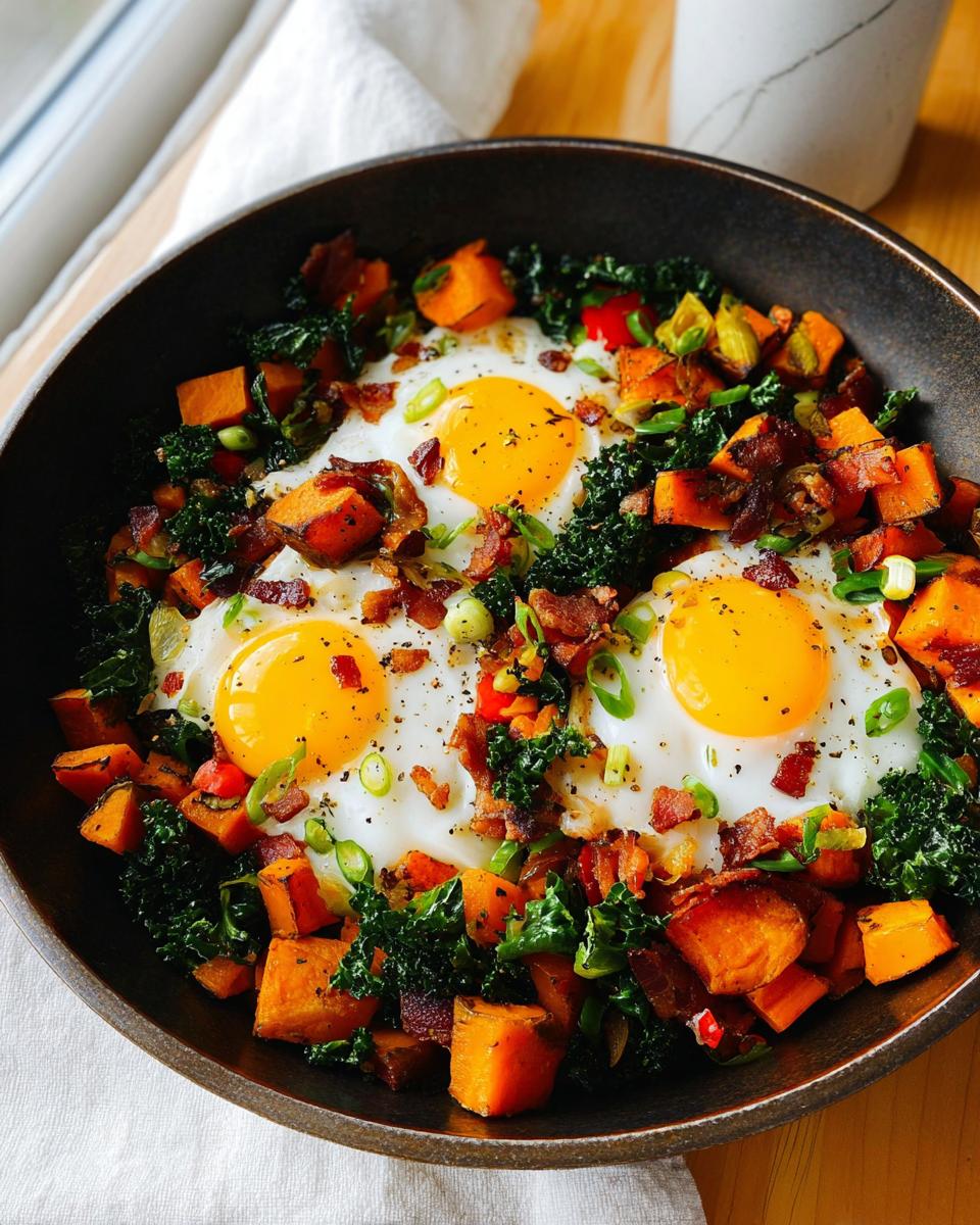 A delicious BREAKFAST SWEET POTATO hash topped with fried eggs, crispy bacon, and kale.