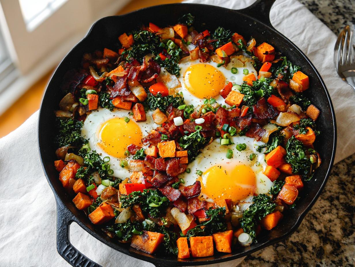 A cast iron skillet filled with a delicious BREAKFAST SWEET POTATO hash, topped with sunny-side-up eggs and crispy bacon.