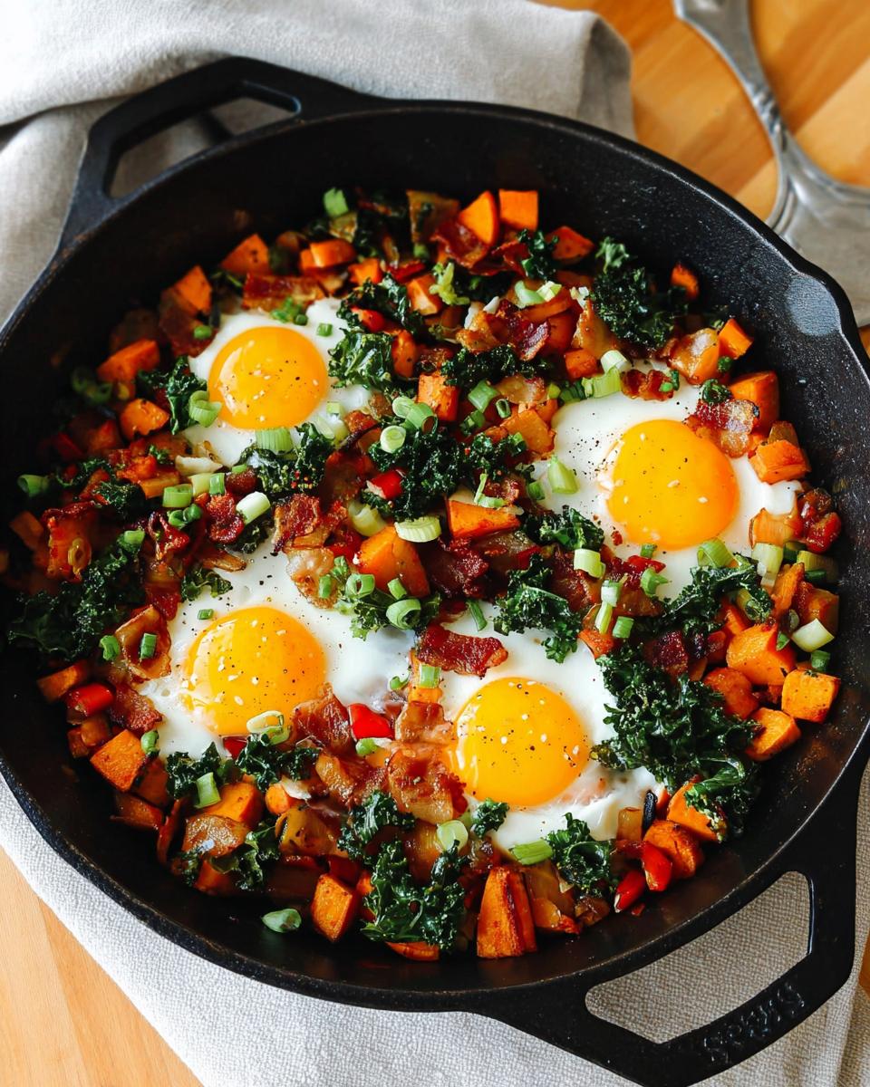 A cast-iron skillet filled with BREAKFAST SWEET POTATO hash, topped with fried eggs, bacon, kale, and green onions.