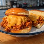 Two delicious Cajun Chicken Sloppy Joes topped with creamy cheese sauce on a white plate.