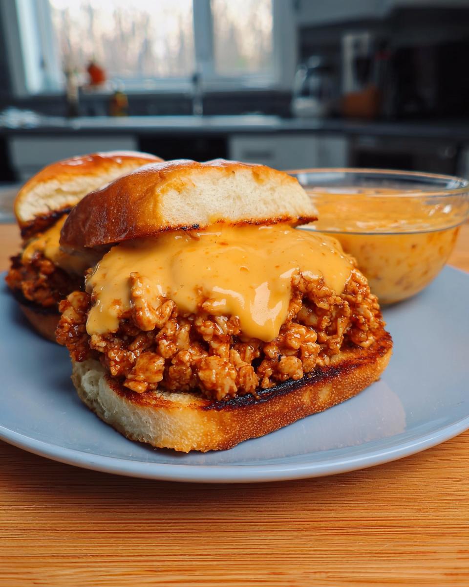Two Cajun Chicken Sloppy Joes piled high with creamy cheese sauce on toasted buns, served with a side of cheese sauce.