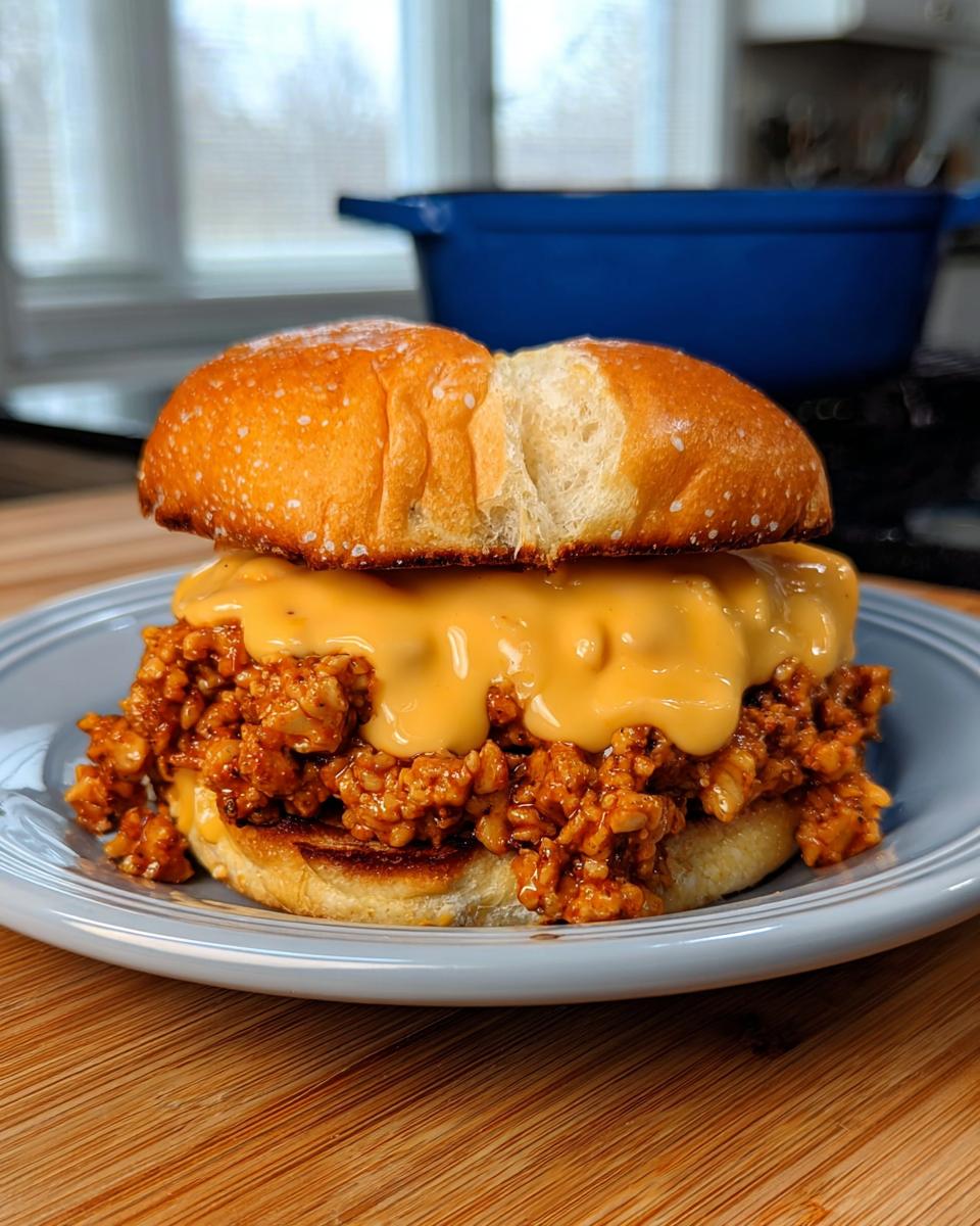 A close-up of a delicious Cajun Chicken Sloppy Joe sandwich topped with creamy cheese sauce on a bun.