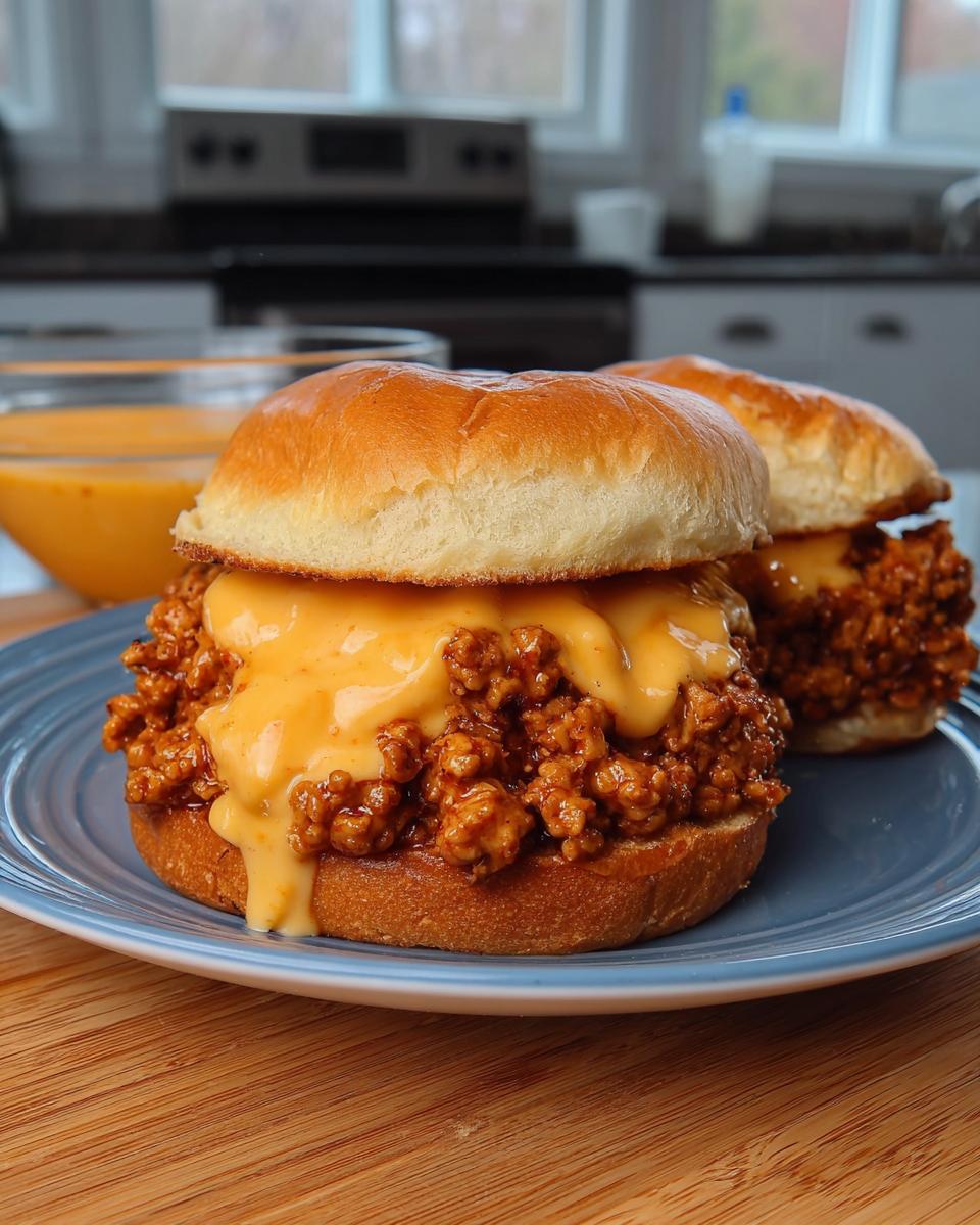 Two delicious Cajun Chicken Sloppy Joes piled high with creamy cheese sauce on a blue plate.