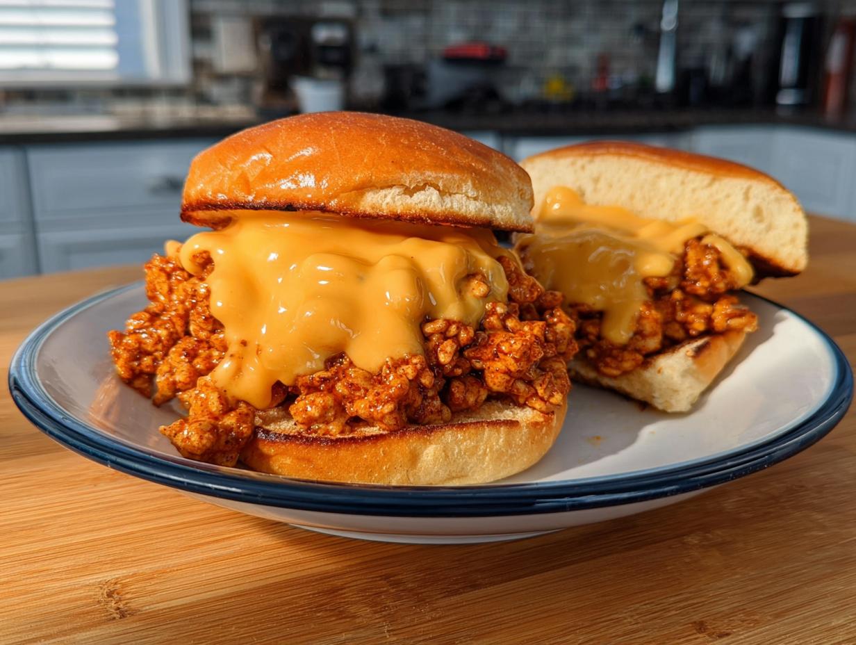 Two delicious Cajun Chicken Sloppy Joes topped with creamy cheese sauce on a white plate.