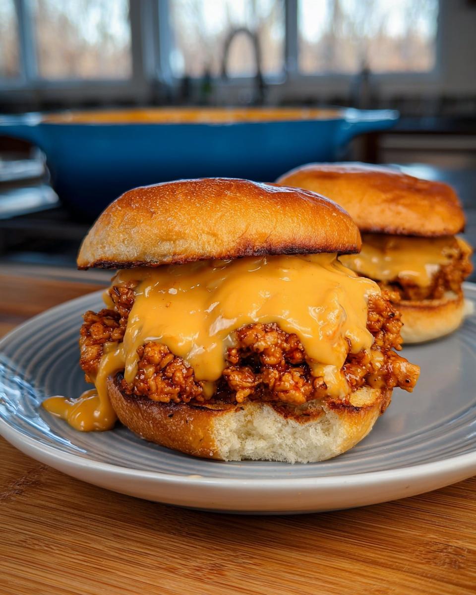 Two delicious Cajun Chicken Sloppy Joes topped with a generous amount of creamy cheese sauce, served on toasted buns.