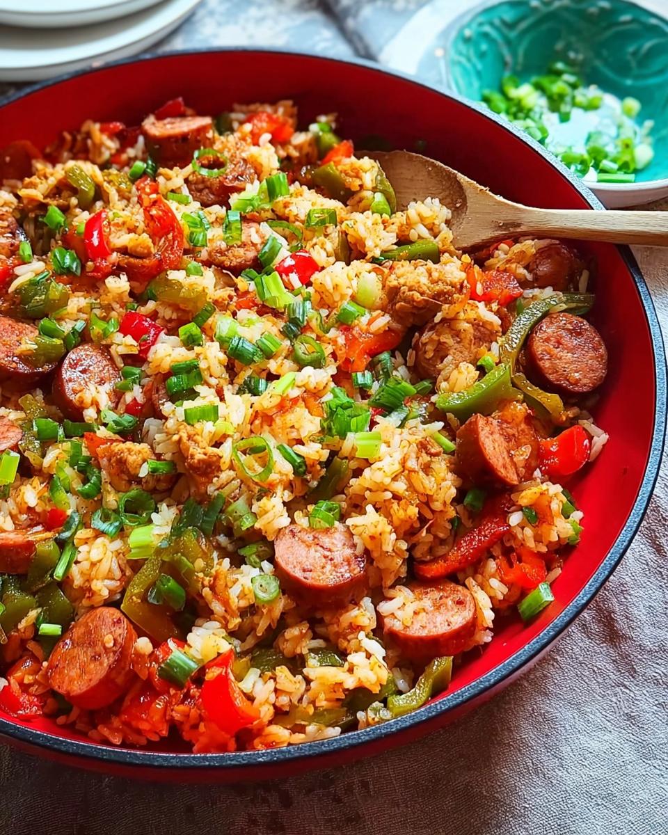 A vibrant Cajun Sausage and Rice Skillet dish filled with rice, sausage, peppers, and green onions.