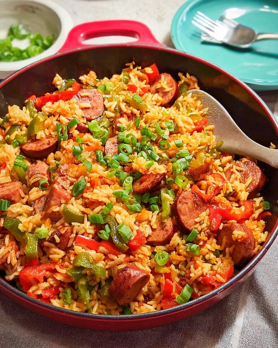 A close-up of a Cajun Sausage and Rice Skillet, filled with rice, sliced sausage, green and red bell peppers, and garnished with green onions.