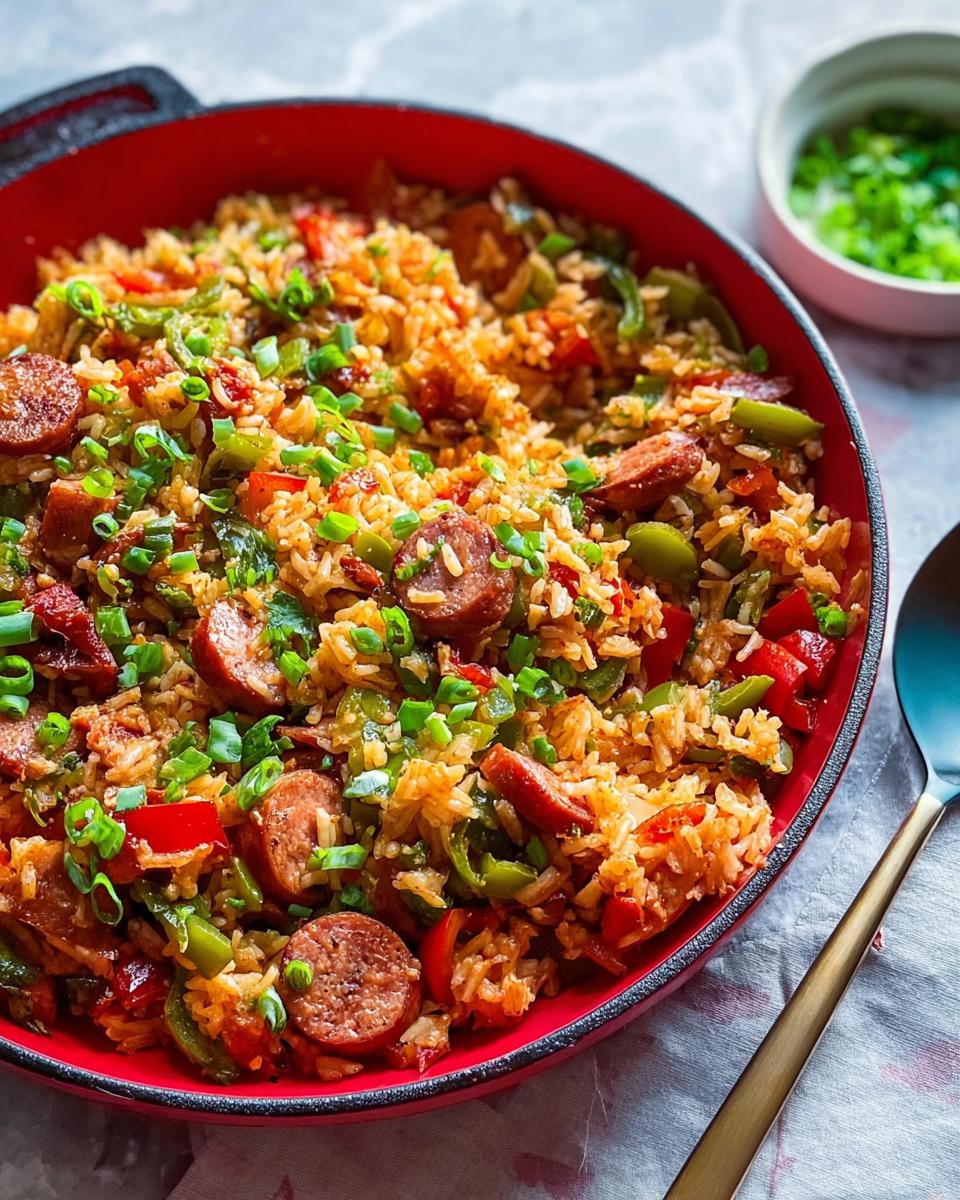 Close-up of a vibrant Cajun Sausage and Rice Skillet, loaded with sliced sausage, colorful bell peppers, and green onions.