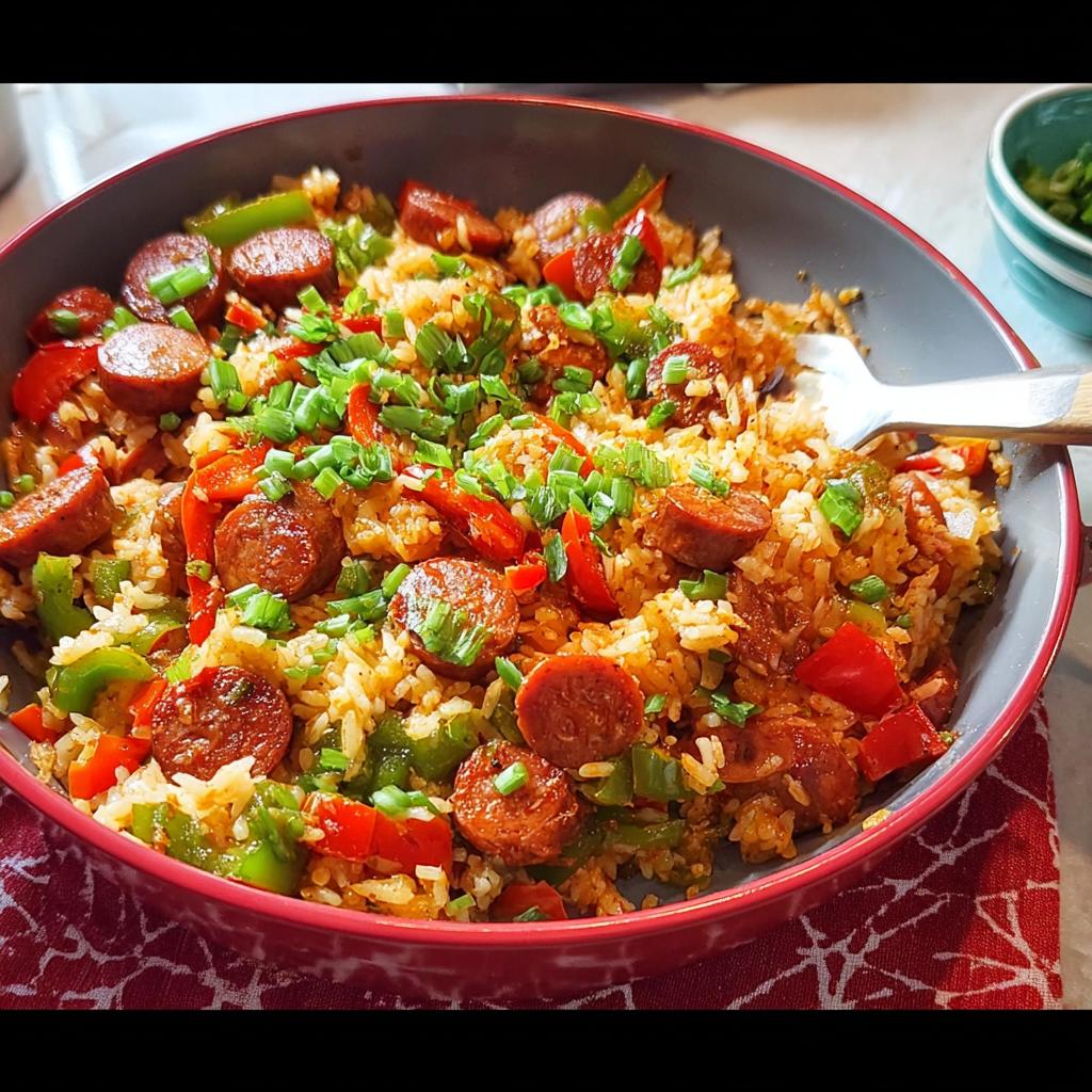 A close-up of a bowl filled with Cajun Sausage and Rice Skillet, featuring sliced sausage, rice, bell peppers, and green onions.