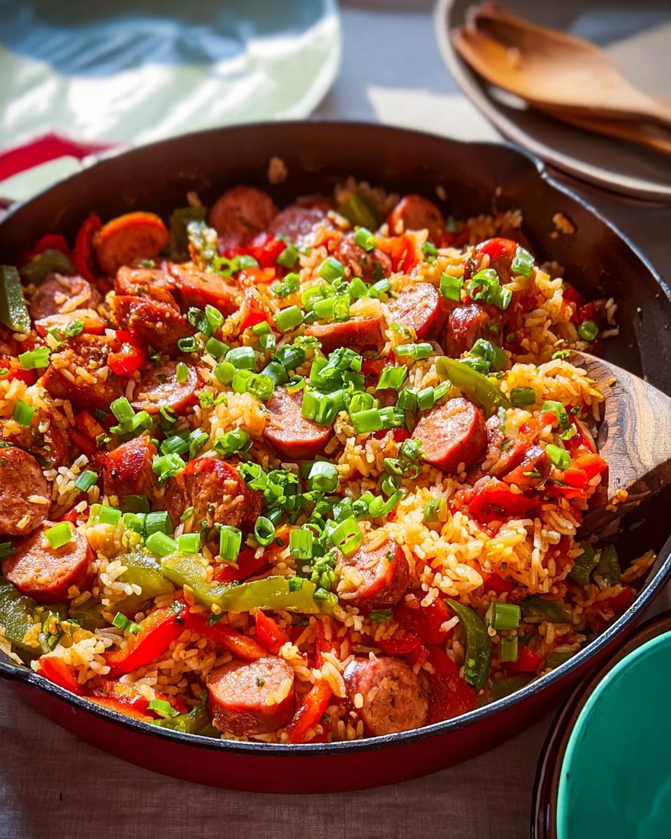 Close-up of a cast iron skillet filled with Cajun Sausage and Rice Skillet, featuring sliced sausage, rice, bell peppers, and green onions.