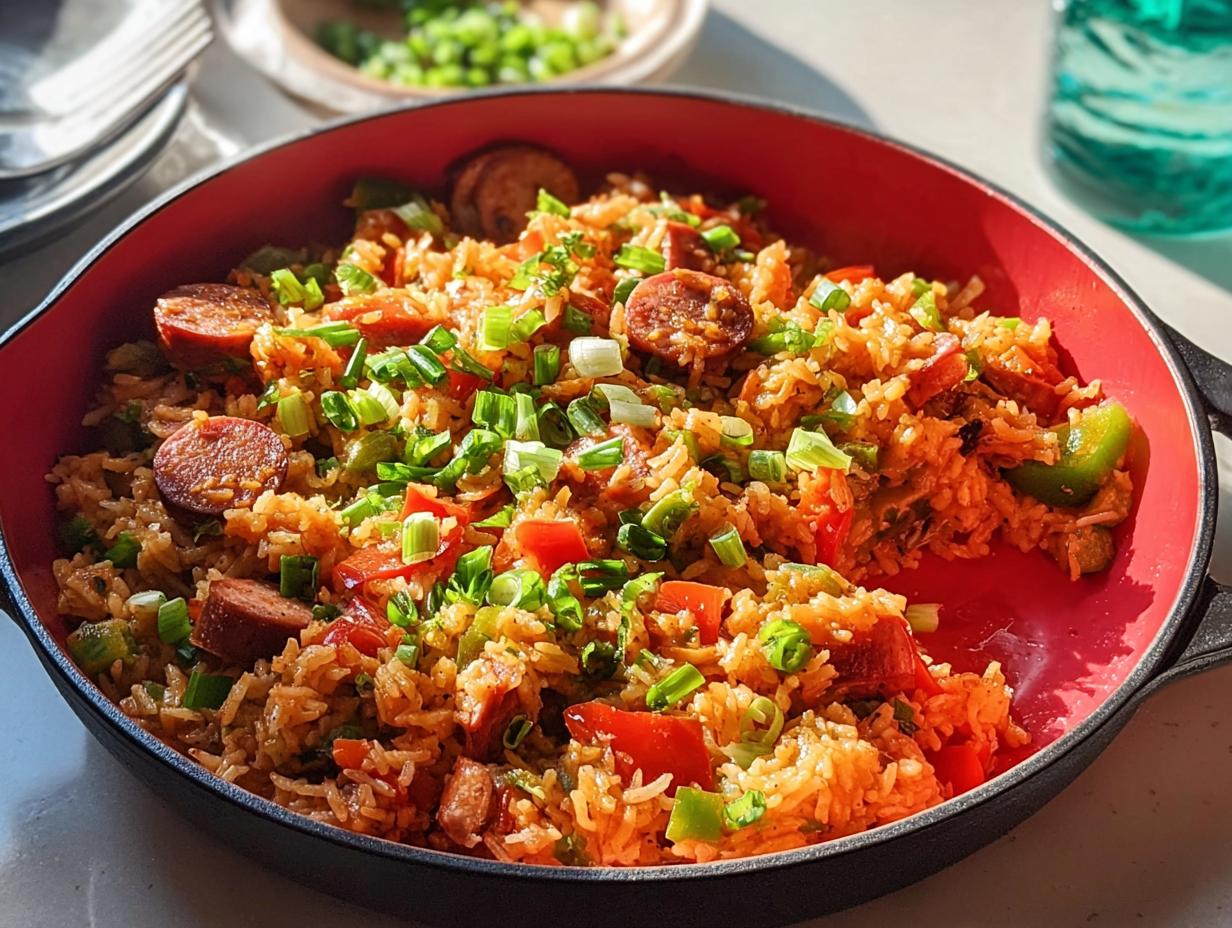 A close-up of a skillet filled with Cajun Sausage and Rice, garnished with green onions and bell peppers.