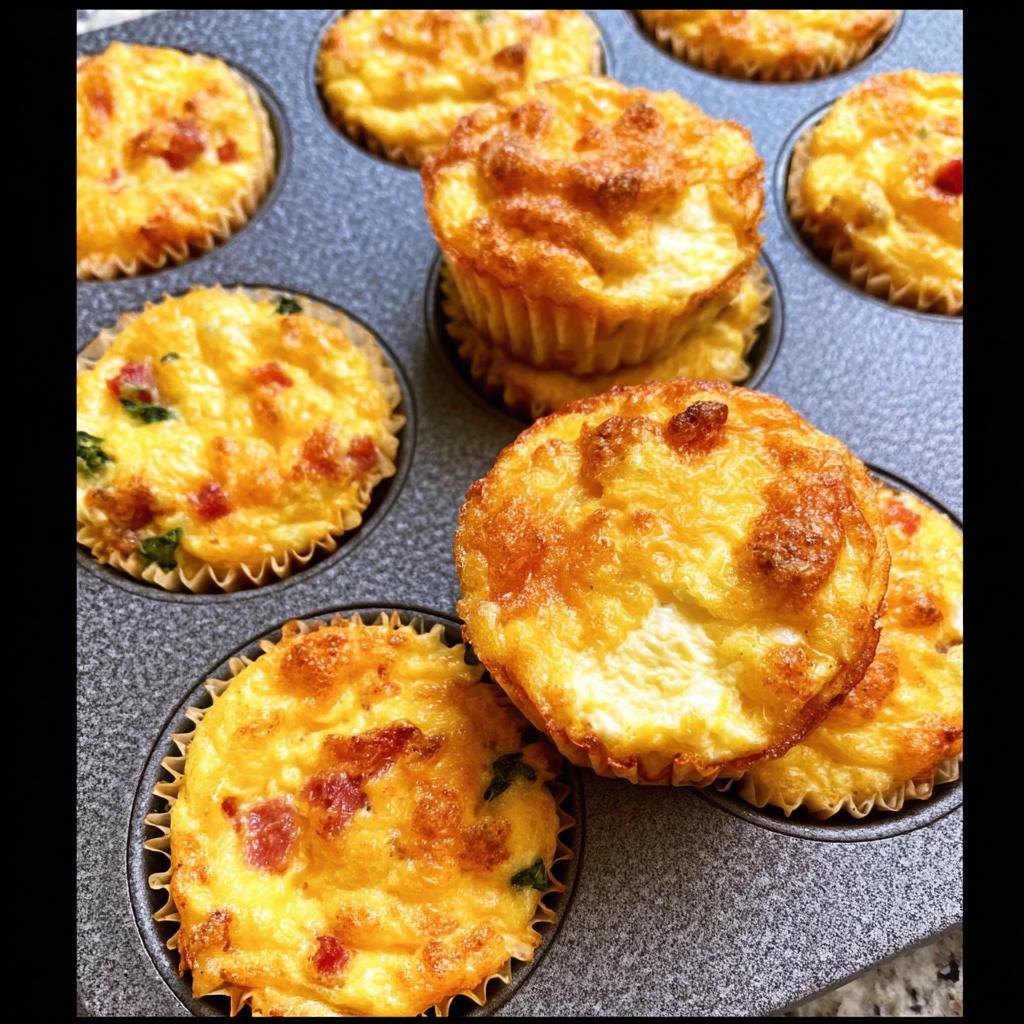 Golden brown Cheesy Muffin Tin Cottage Cheese Egg Bites baked in a muffin tin, some stacked.
