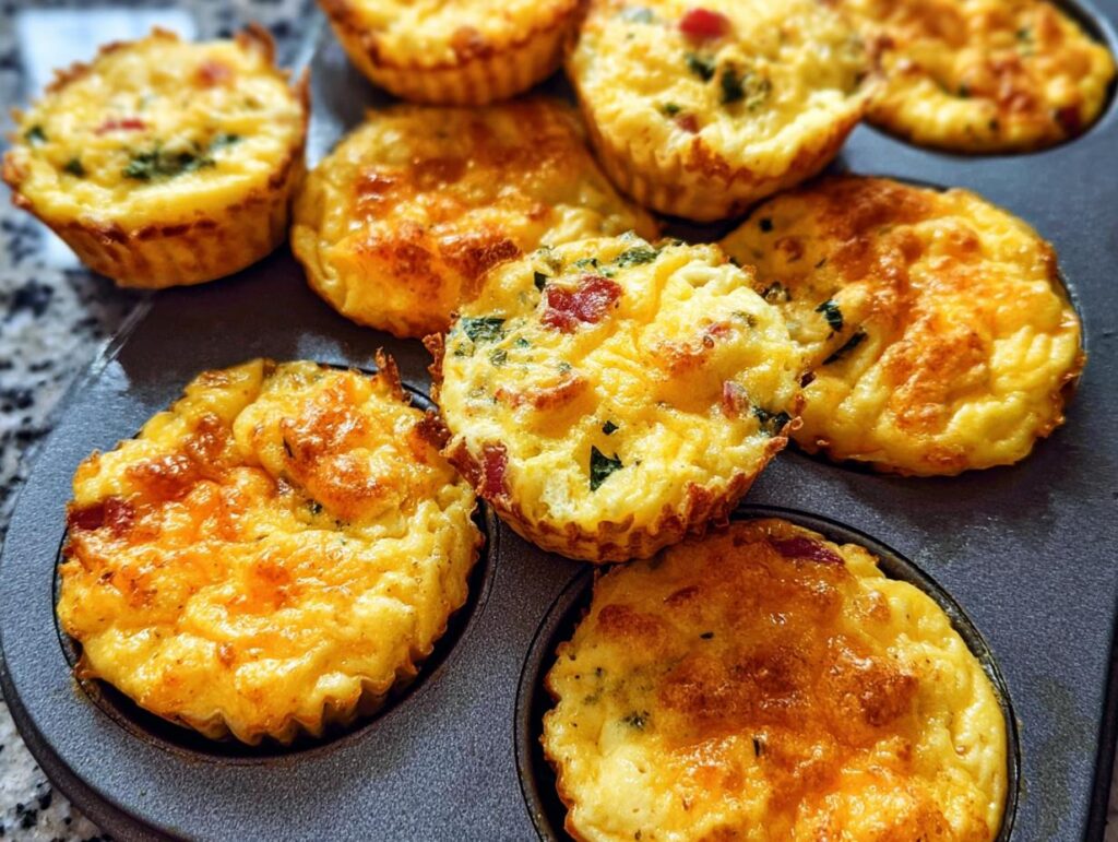 Golden brown Cheesy Muffin Tin Cottage Cheese Egg Bites baked in a muffin tin, with visible bits of bacon and herbs.