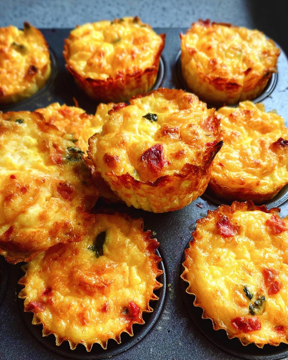 Golden brown Cheesy Muffin Tin Cottage Cheese Egg Bites baked in a muffin tin, with visible bits of red pepper and green herbs.