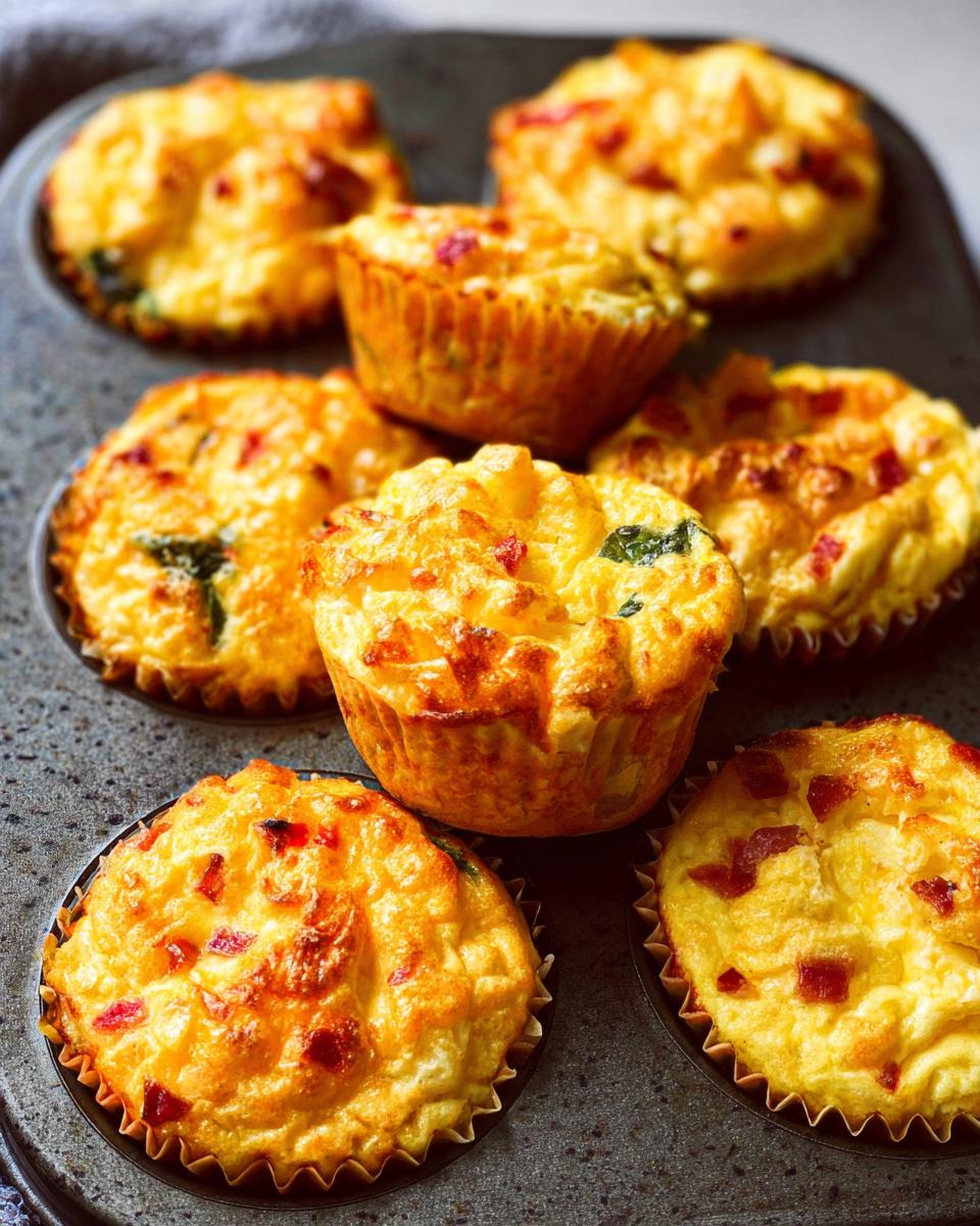 Close-up of golden brown Cheesy Muffin Tin Cottage Cheese Egg Bites in a muffin tin, some topped with red bits.
