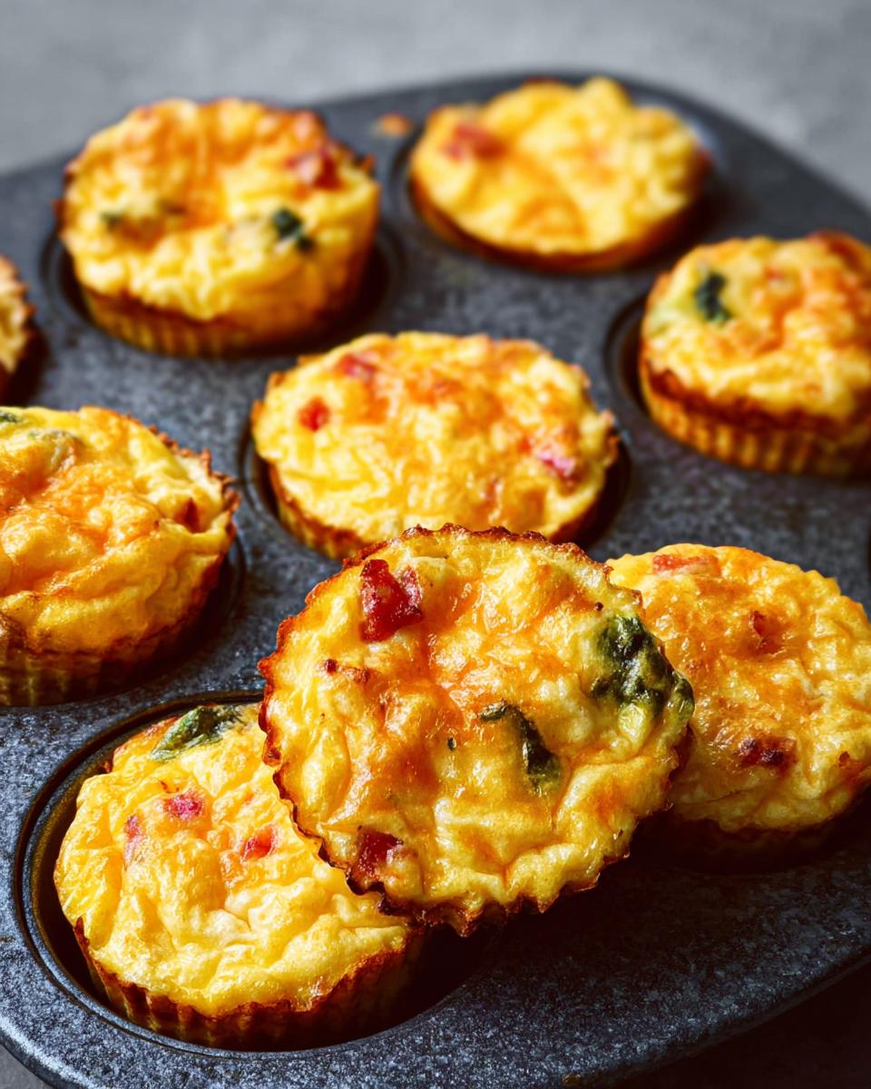 Close-up of golden brown Cheesy Muffin Tin Cottage Cheese Egg Bites in a muffin tin, topped with melted cheese.