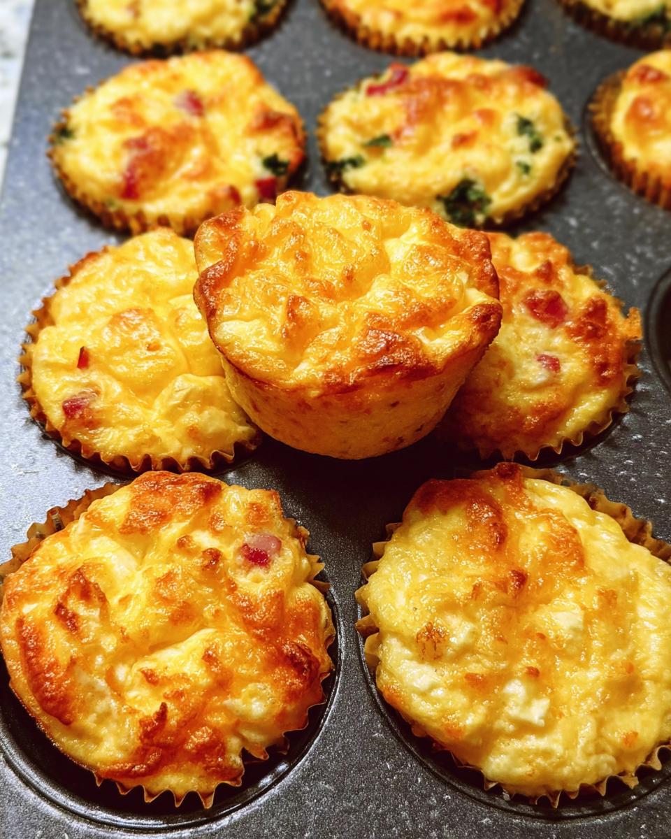 Golden brown Cheesy Muffin Tin Cottage Cheese Egg Bites baked in a muffin tin, with visible cottage cheese and bits of bacon.
