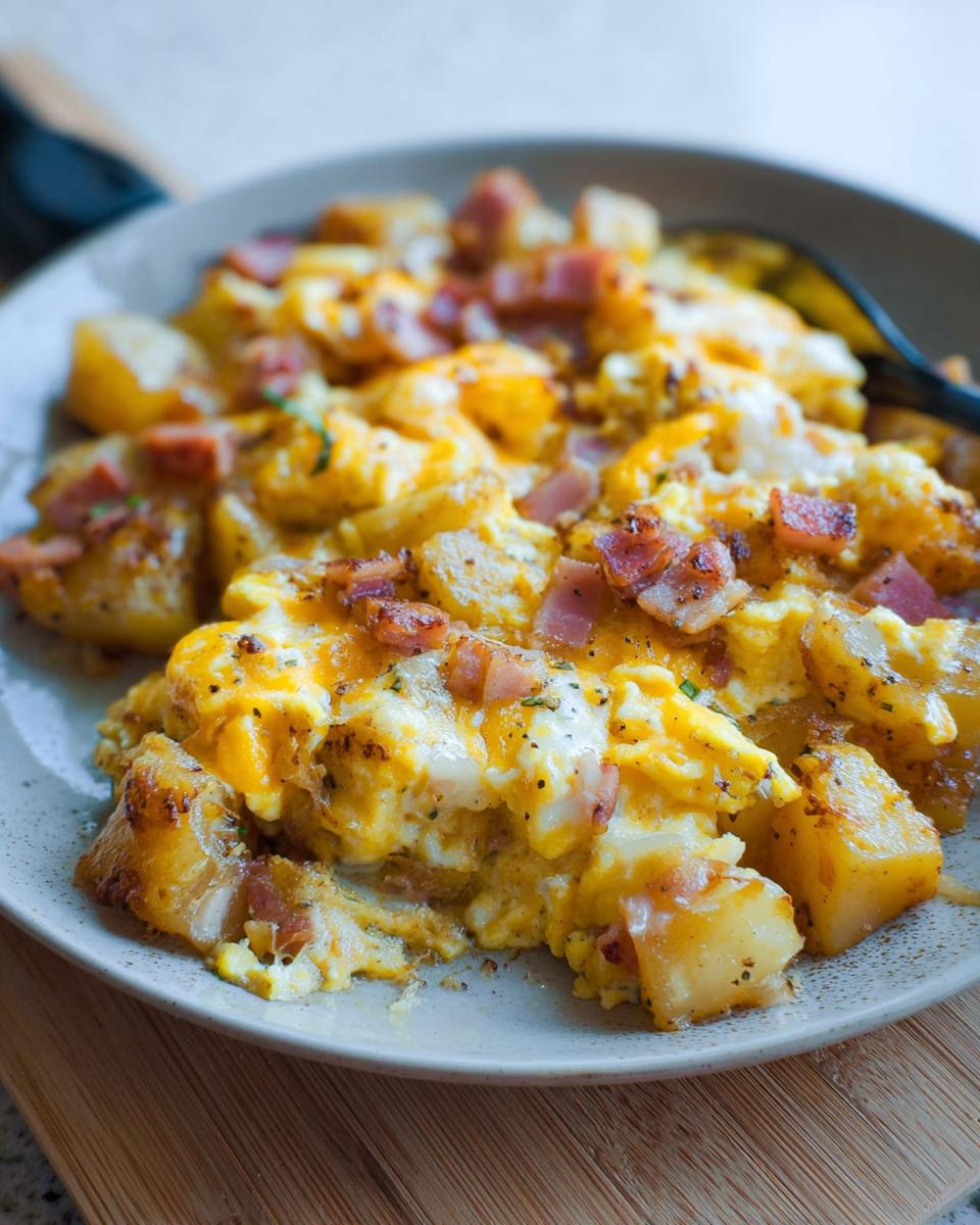 A close-up of a hearty Cheesy Potato Egg Scramble topped with crispy bacon bits.