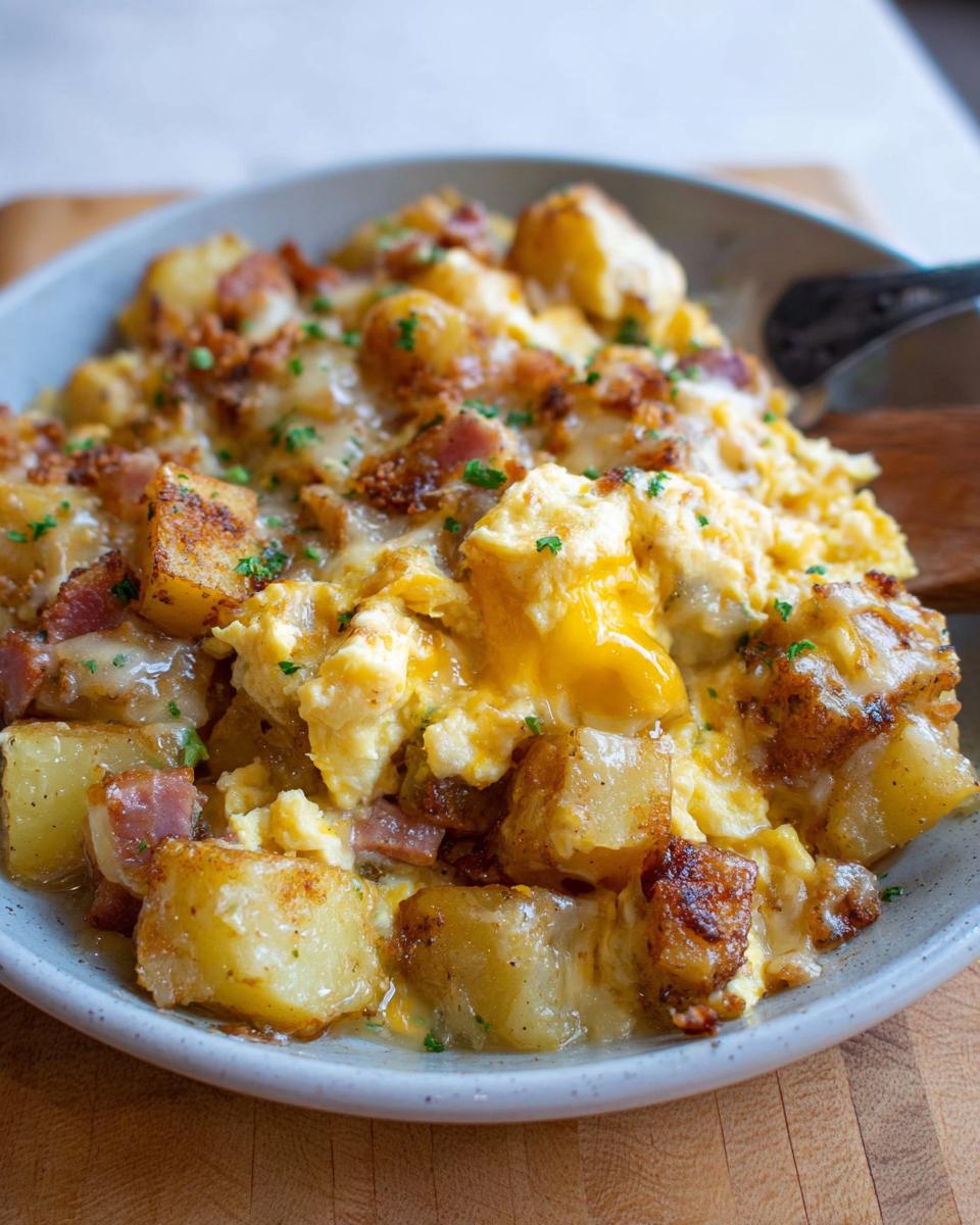 Close-up of a bowl filled with Cheesy Potato Egg Scramble, featuring golden potatoes, scrambled eggs, and crispy bacon bits.