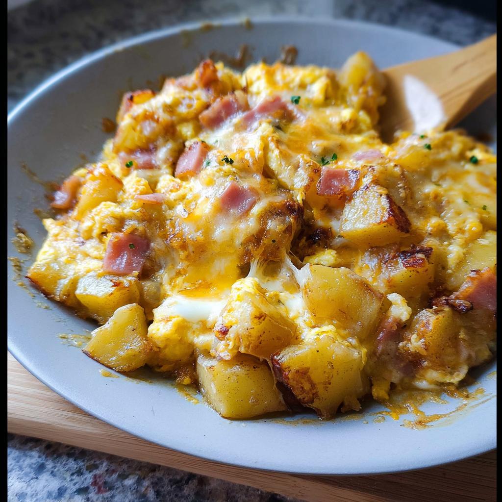A close-up of a cheesy potato egg scramble with diced ham and melted cheese, served in a bowl.