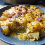 A close-up of a delicious Cheesy Potato Egg Scramble topped with diced ham and melted cheese.