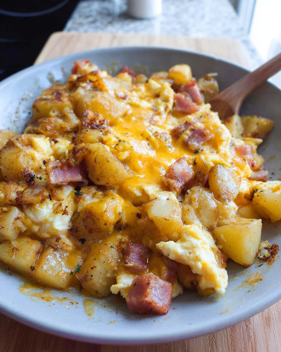 A close-up of a Cheesy Potato Egg Scramble with chunks of ham and melted cheddar cheese.