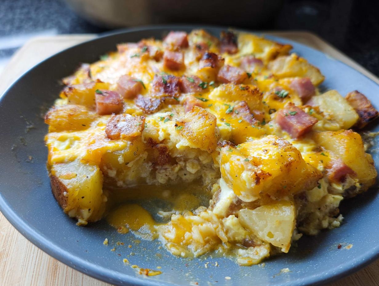 A close-up of a delicious Cheesy Potato Egg Scramble topped with diced ham and melted cheese.
