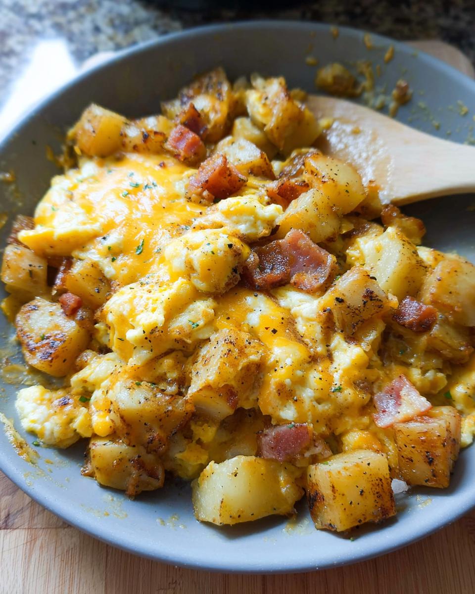 Close-up of a Cheesy Potato Egg Scramble in a pan, with golden potatoes, fluffy eggs, melted cheese, and bacon bits.