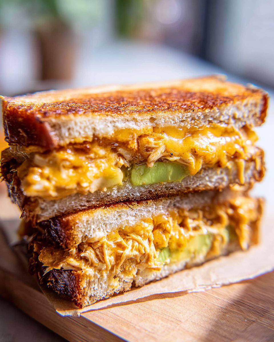 A close-up shot of a perfectly grilled Chicken Avocado Melt Sandwich, showcasing melted cheese, shredded chicken, and fresh avocado.