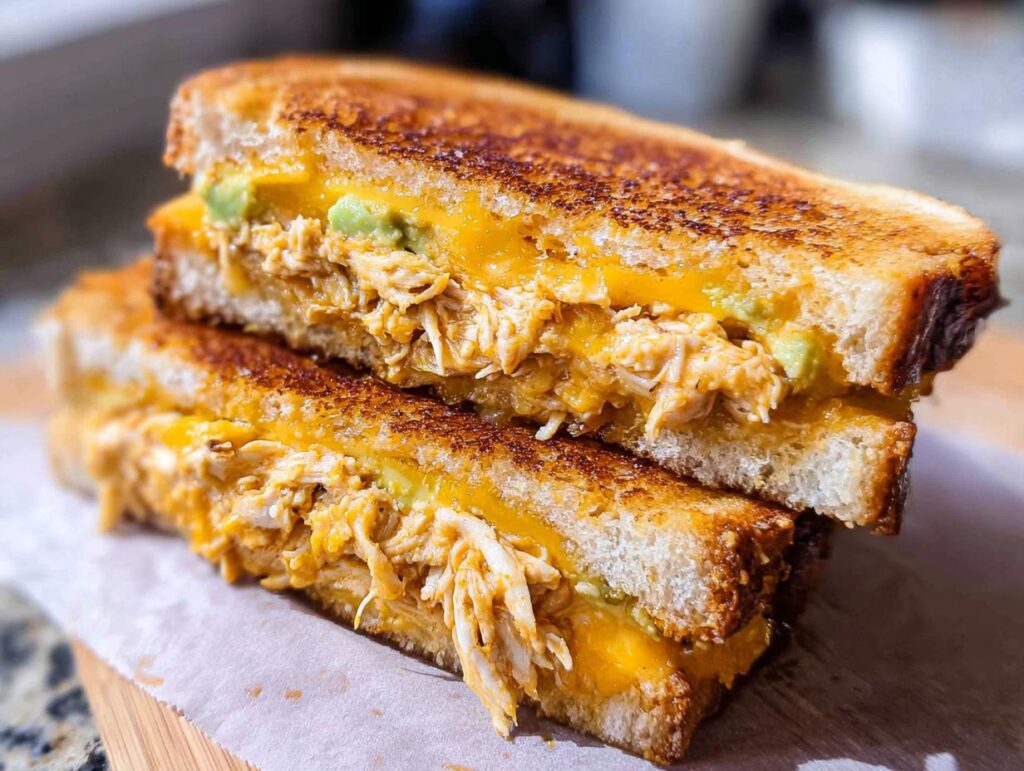 A close-up of a perfectly grilled Chicken Avocado Melt Sandwich, showing shredded chicken, melted cheese, and avocado.