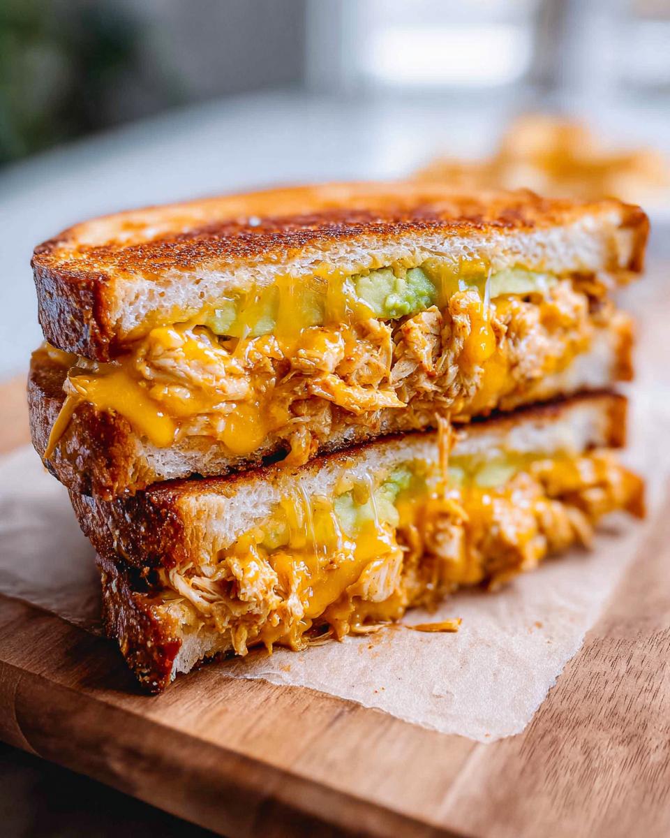 A close-up of a Chicken Avocado Melt Sandwich, featuring toasted bread, melted cheese, shredded chicken, and avocado.