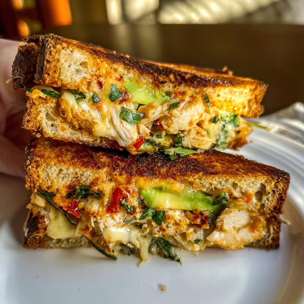 A close-up of a perfectly grilled CHICKEN AVOCADO MELT SANDWICH, showing melted cheese, avocado slices, and shredded chicken.