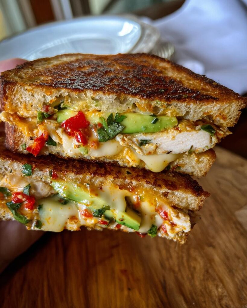 A close-up of a grilled CHICKEN AVOCADO MELT SANDWICH, showing melted cheese, avocado slices, and chopped red peppers.