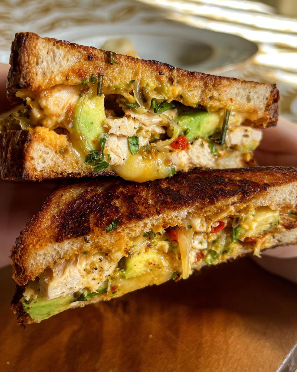 Close-up of a halved CHICKEN AVOCADO MELT SANDWICH with melted cheese, avocado slices, and herbs.