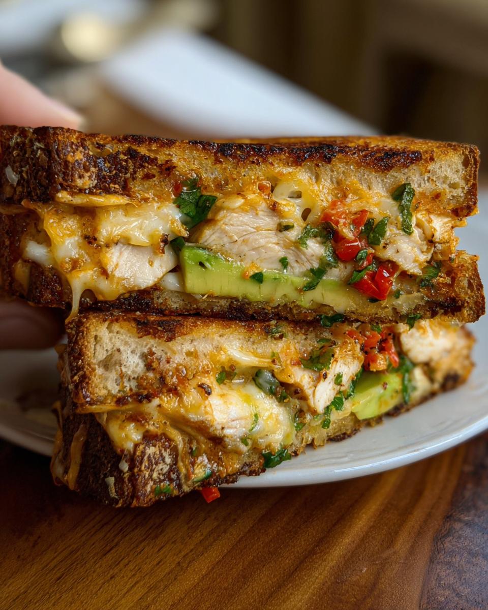Close-up of a halved CHICKEN AVOCADO MELT SANDWICH, showing melted cheese, chicken, avocado, and herbs.