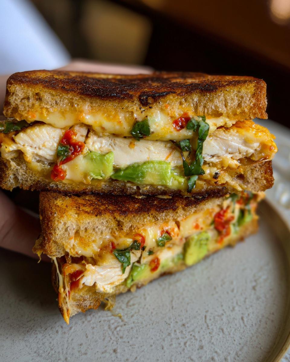 A close-up of a halved CHICKEN AVOCADO MELT SANDWICH, showing melted cheese, chicken, avocado, and red peppers.