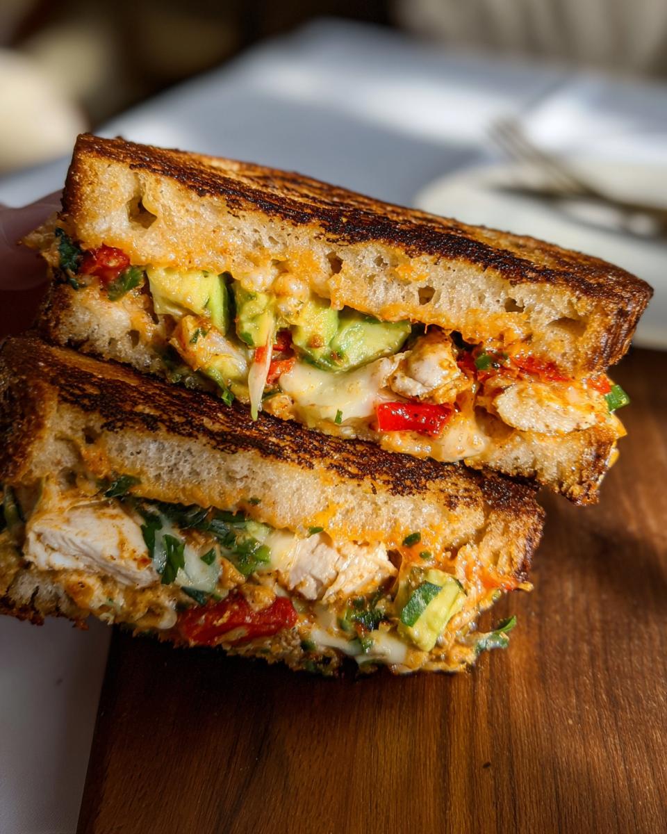 Close-up of a halved CHICKEN AVOCADO MELT SANDWICH with melted cheese, avocado, and chicken.