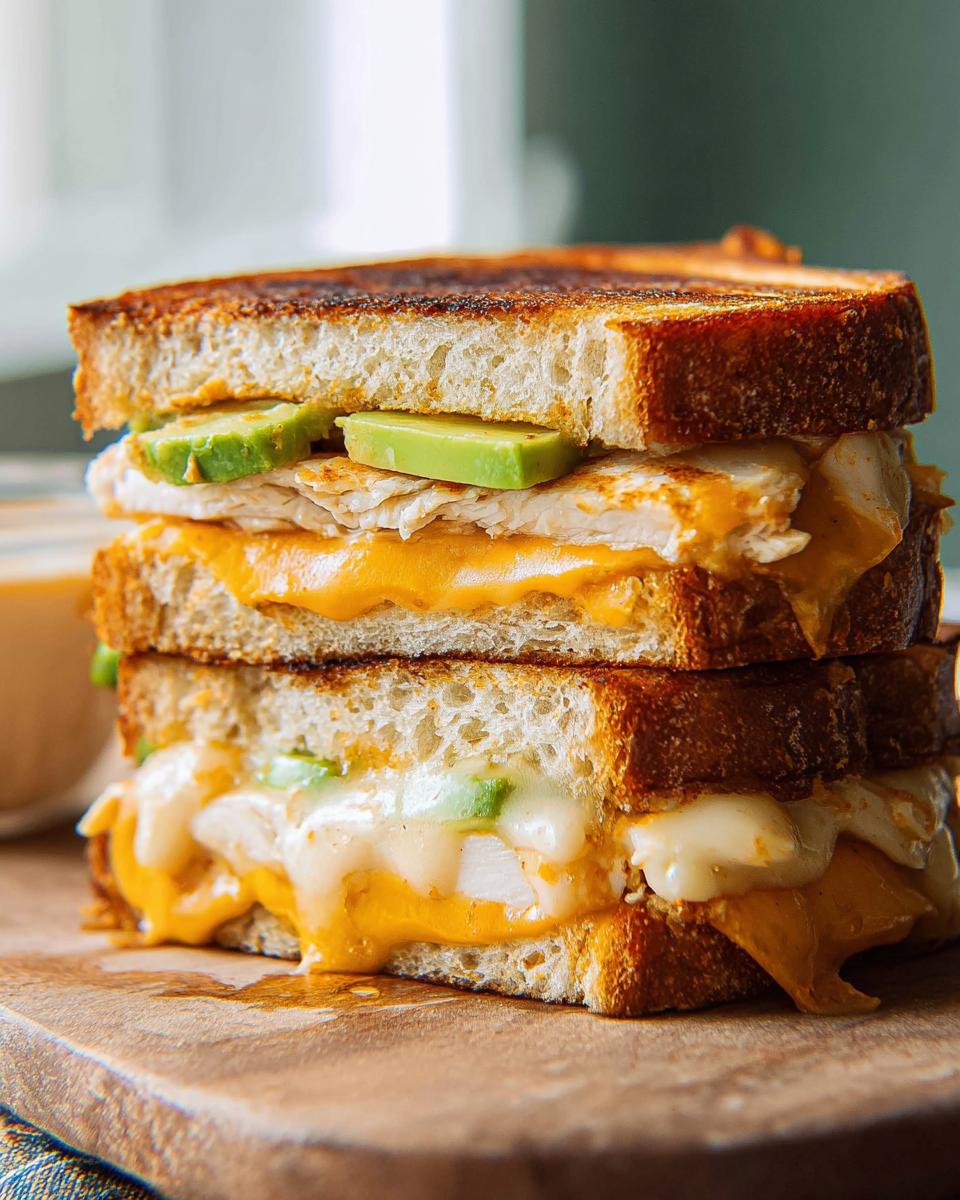 A tall stack of Chicken Avocado Melt Sandwiches with melted cheese and avocado slices.