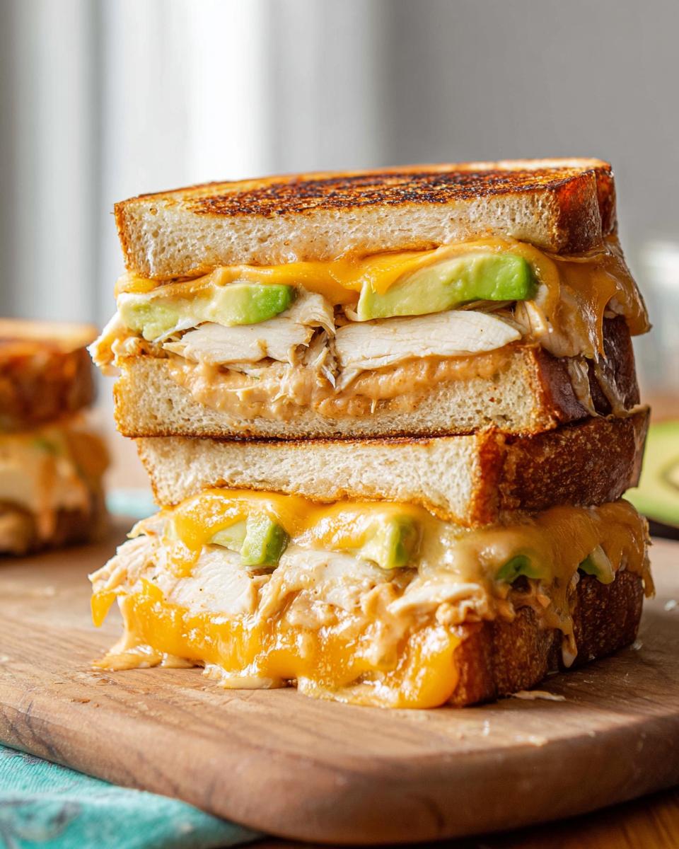 A tall stack of Chicken Avocado Melt Sandwiches with melted cheese and avocado slices.