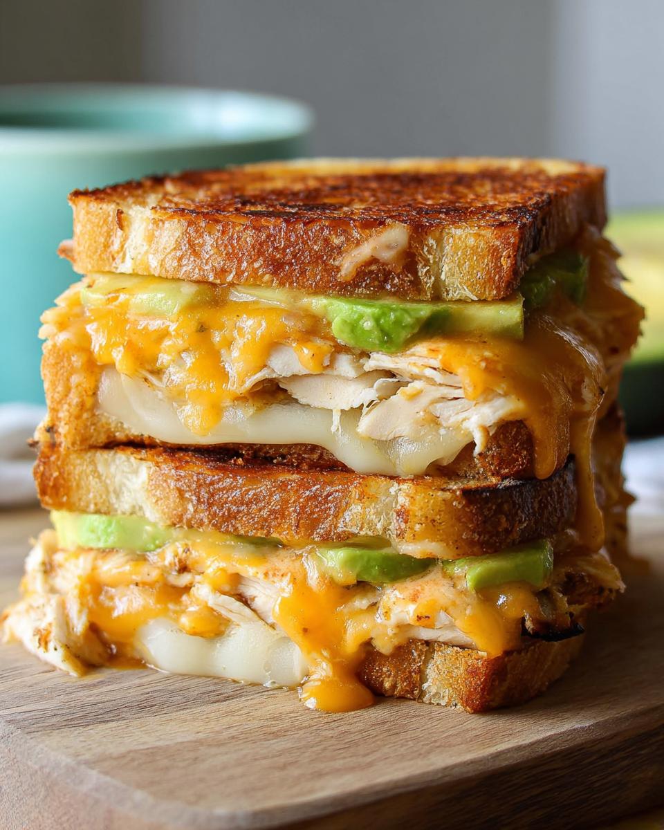 A tall stack of Chicken Avocado Melt Sandwiches with melted cheese and avocado slices.
