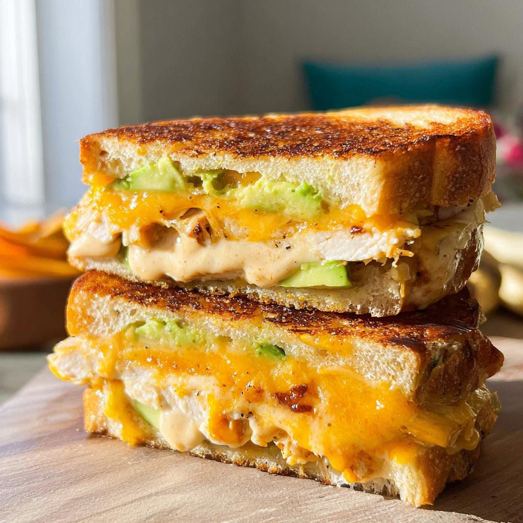 A close-up of a stacked Chicken Avocado Melt Sandwich, showing melted cheese, avocado slices, and chicken.
