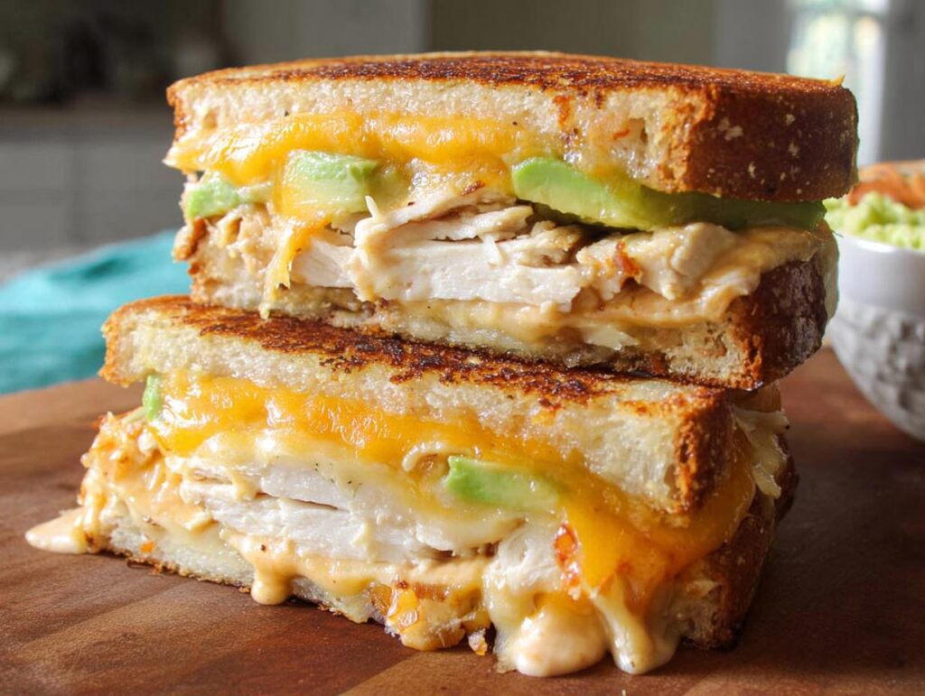 A stacked Chicken Avocado Melt Sandwich with melted cheese, sliced chicken, and avocado on toasted bread.