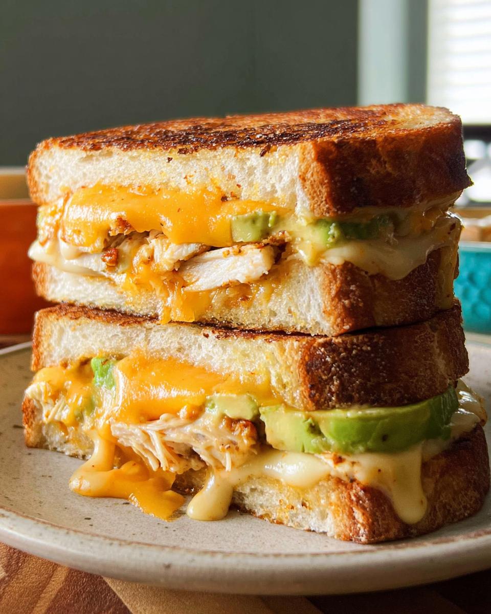 A stacked Chicken Avocado Melt Sandwich with melted cheese oozing out, showing chicken and avocado slices.