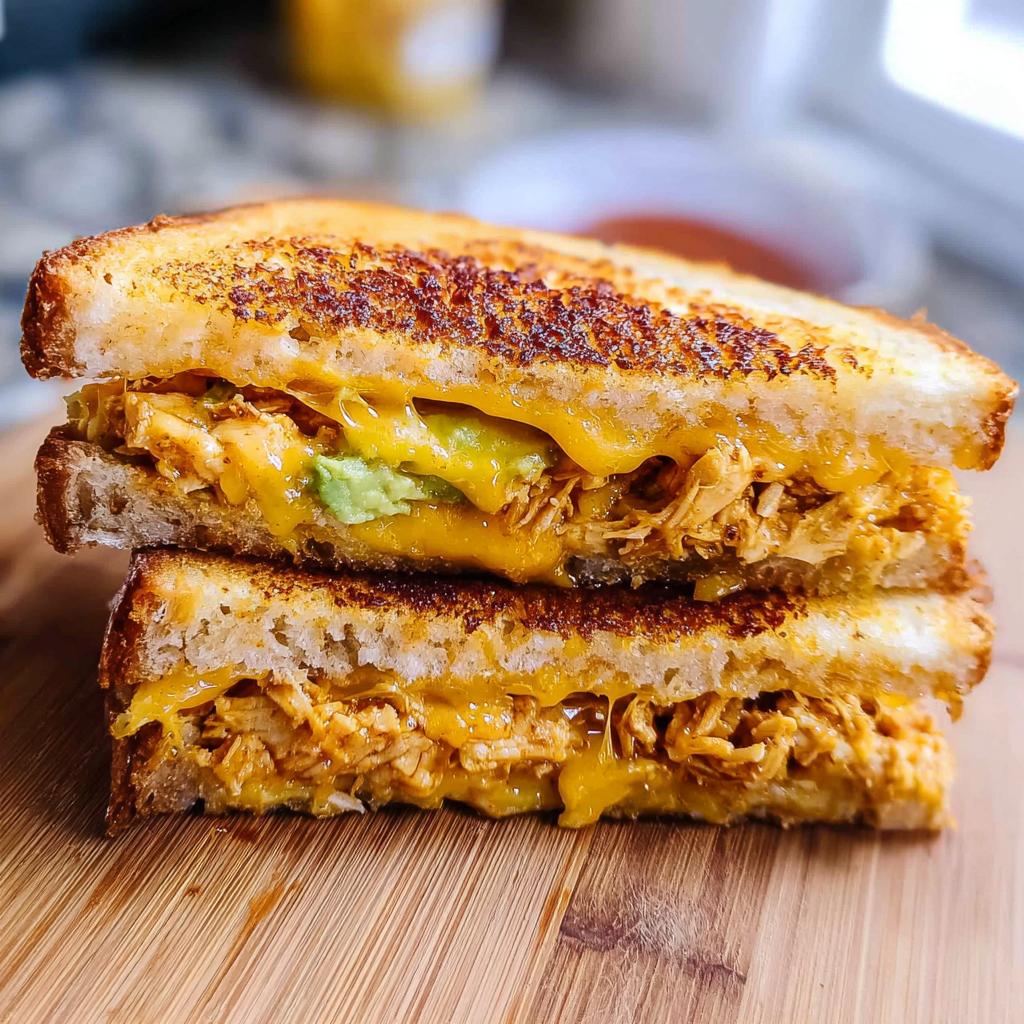 Close-up of a stacked Chicken Avocado Melt Sandwich with gooey melted cheese and avocado.