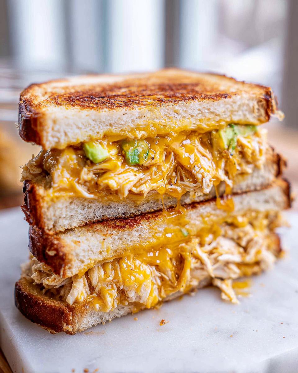 A close-up of a stacked Chicken Avocado Melt Sandwich with melted cheese and avocado chunks.
