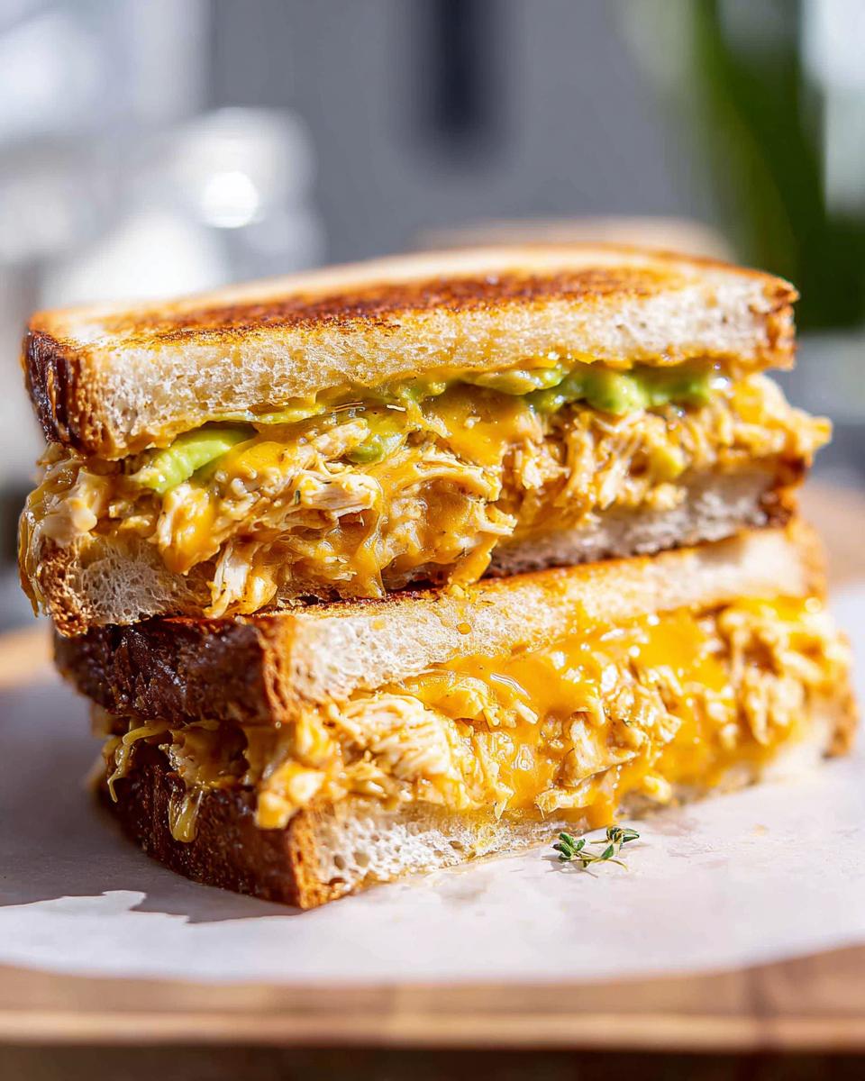 A close-up shot of a stacked Chicken Avocado Melt Sandwich, showcasing melted cheese, shredded chicken, and avocado on toasted bread.