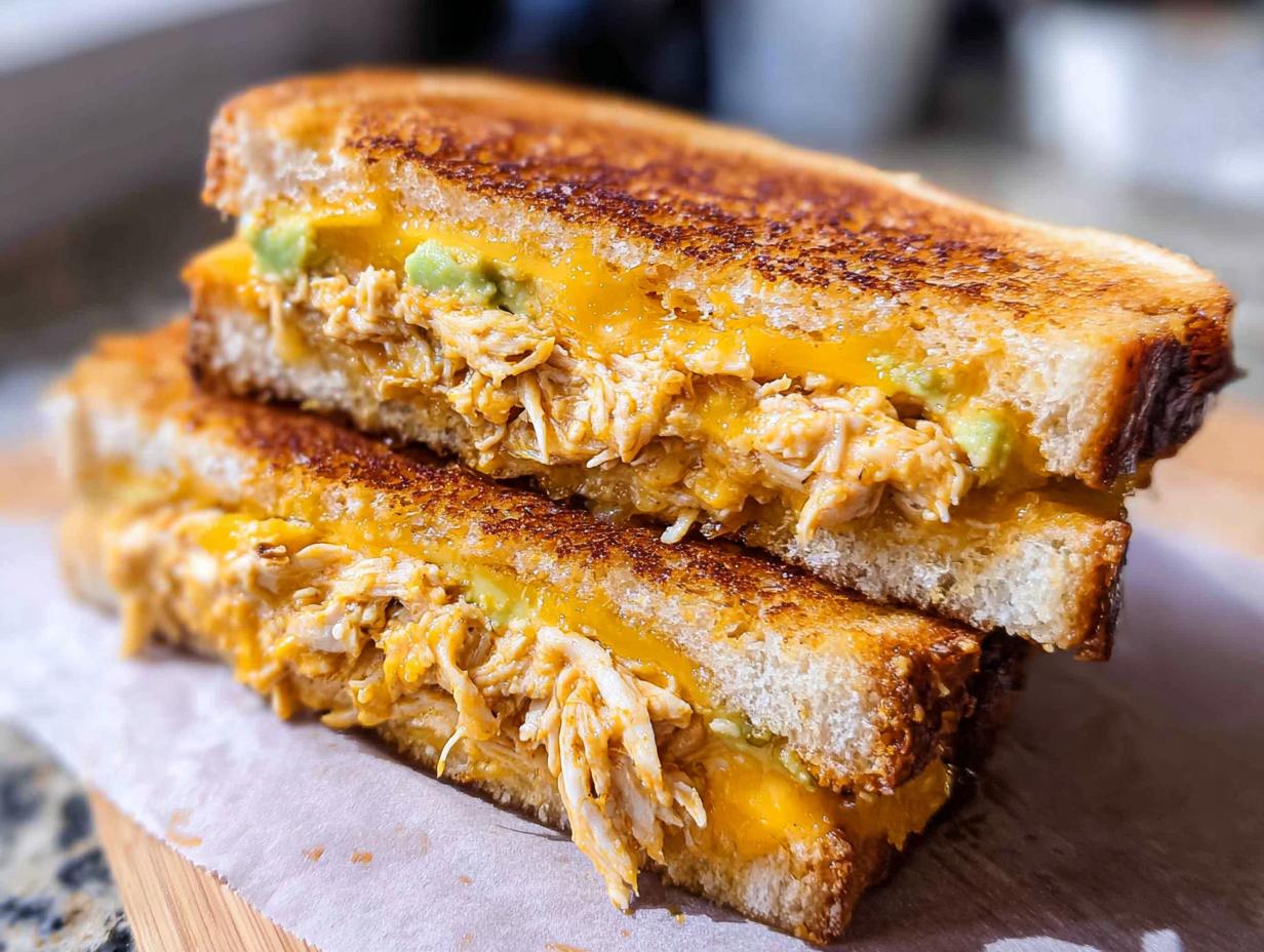A close-up of a perfectly grilled Chicken Avocado Melt Sandwich, showing shredded chicken, melted cheese, and avocado.