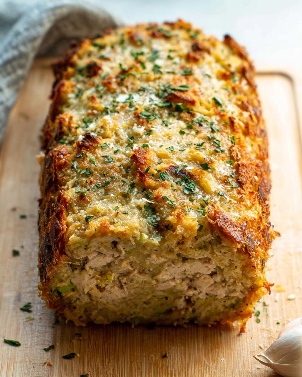 A close-up of a baked Chicken Avocado Ranch Burrito loaf, topped with herbs and cheese.