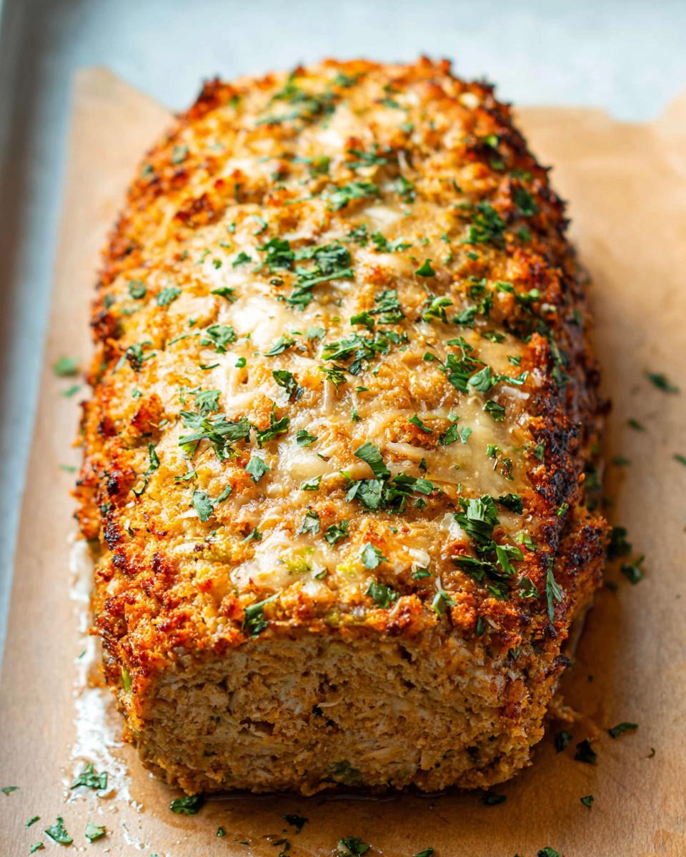 A close-up view of a baked Chicken Avocado Ranch Burrito, topped with melted cheese and fresh parsley.