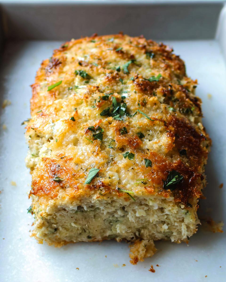 A close-up of a baked Chicken Avocado Ranch Burritos loaf, golden brown and sprinkled with herbs.